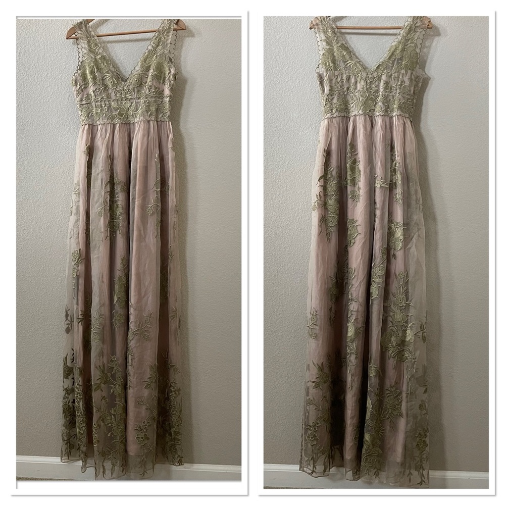NWT BHDLN Anthropologie Embroidered Sheer Maxi Gown Dress Sz:0